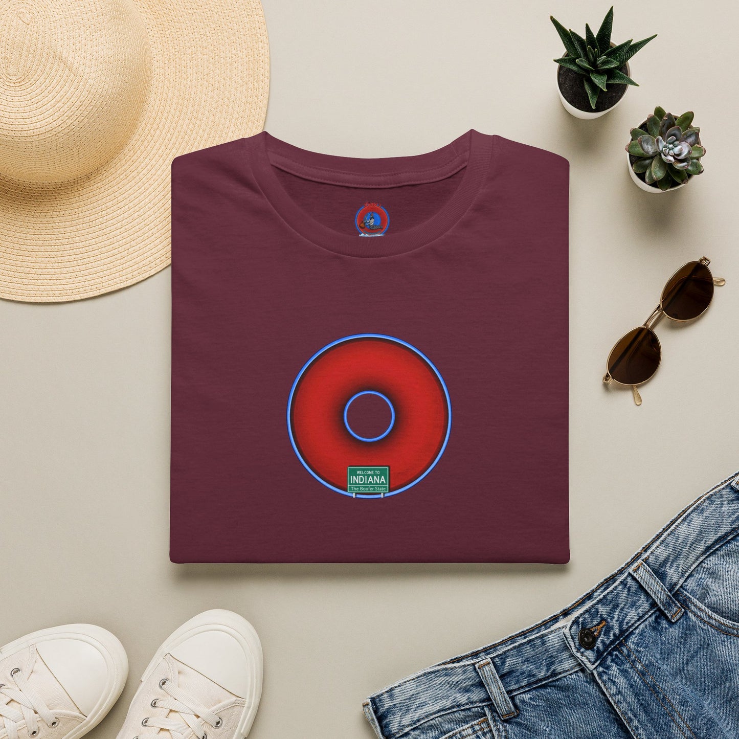 Classic Donut Tee - Unisex Soft-Style - "Indiana is for Boofers" - vivid red/blue plumpy donut - variant 3 - plain