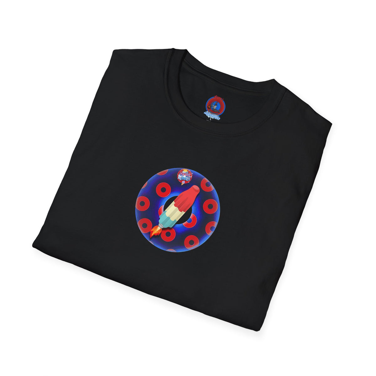 Classic Donut Tee - Unisex Soft-Style - "Blow this Popsicle Stand" - blue/red paradox bomb pop donut - variant 2