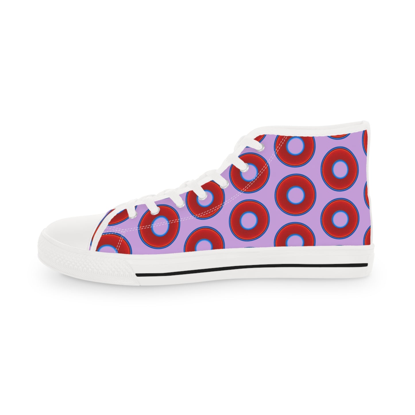 Men's High Top Chucks - large vivid red donut print w/wisteria purple background