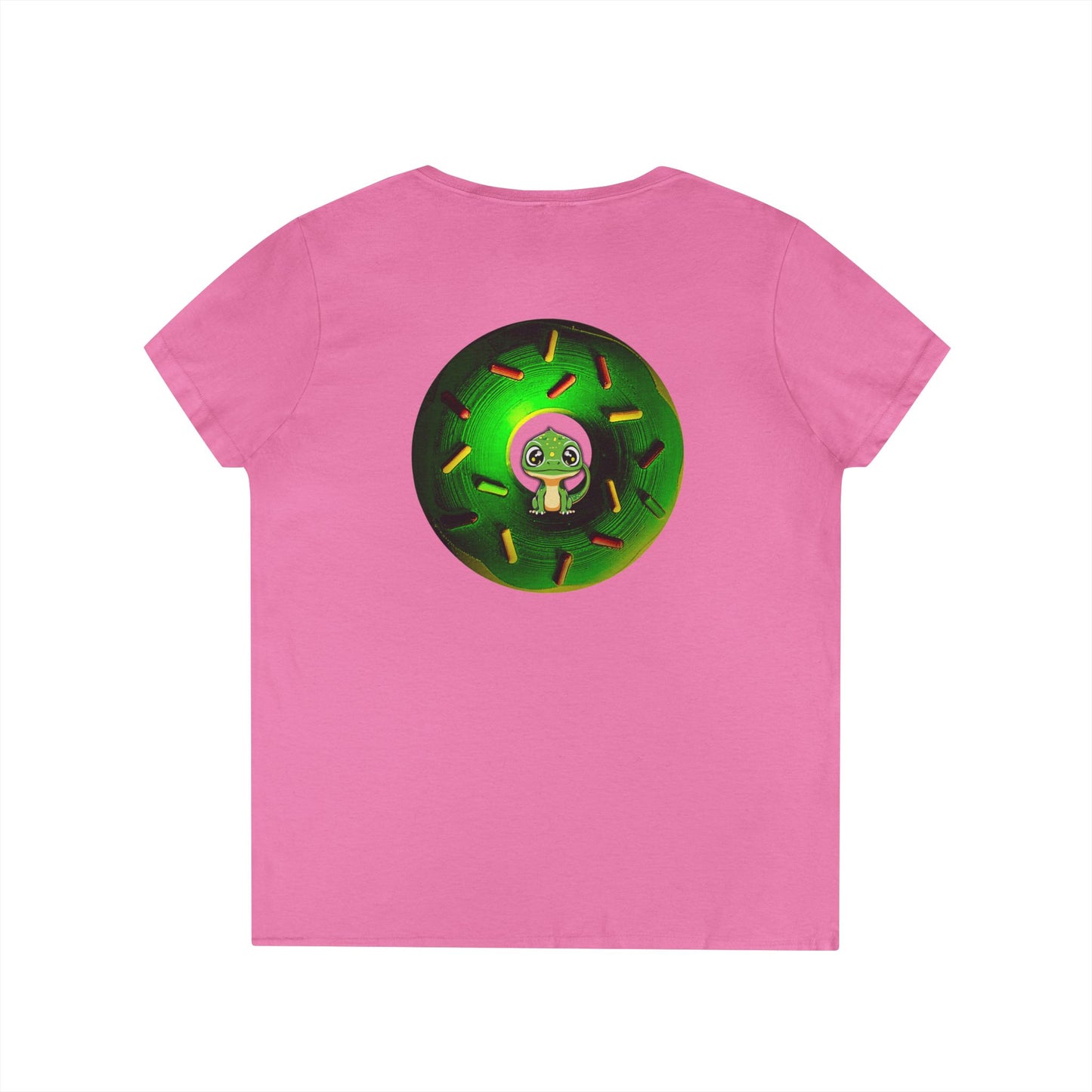 Women's Donut V-Neck Tee - "Little Baby Rutherford" - green cartoon donut w/sprinkles