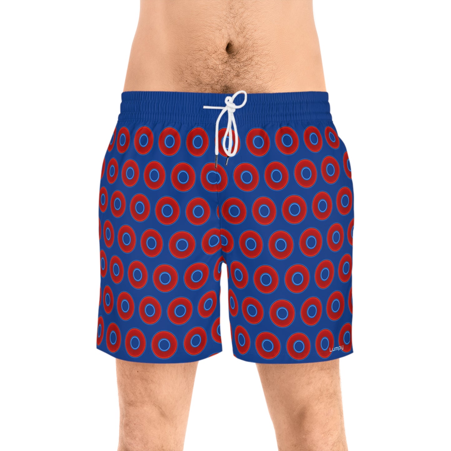 Men's Lumpy Swim Trunks - vivid red donut print w/dark blue background