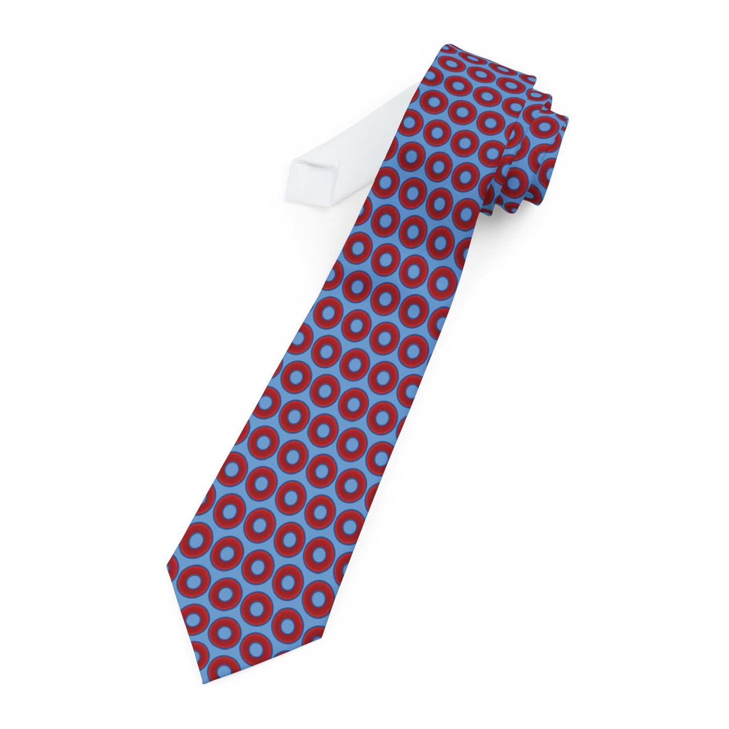 The Lumpy Necktie - vivid red donut print w/light blue background
