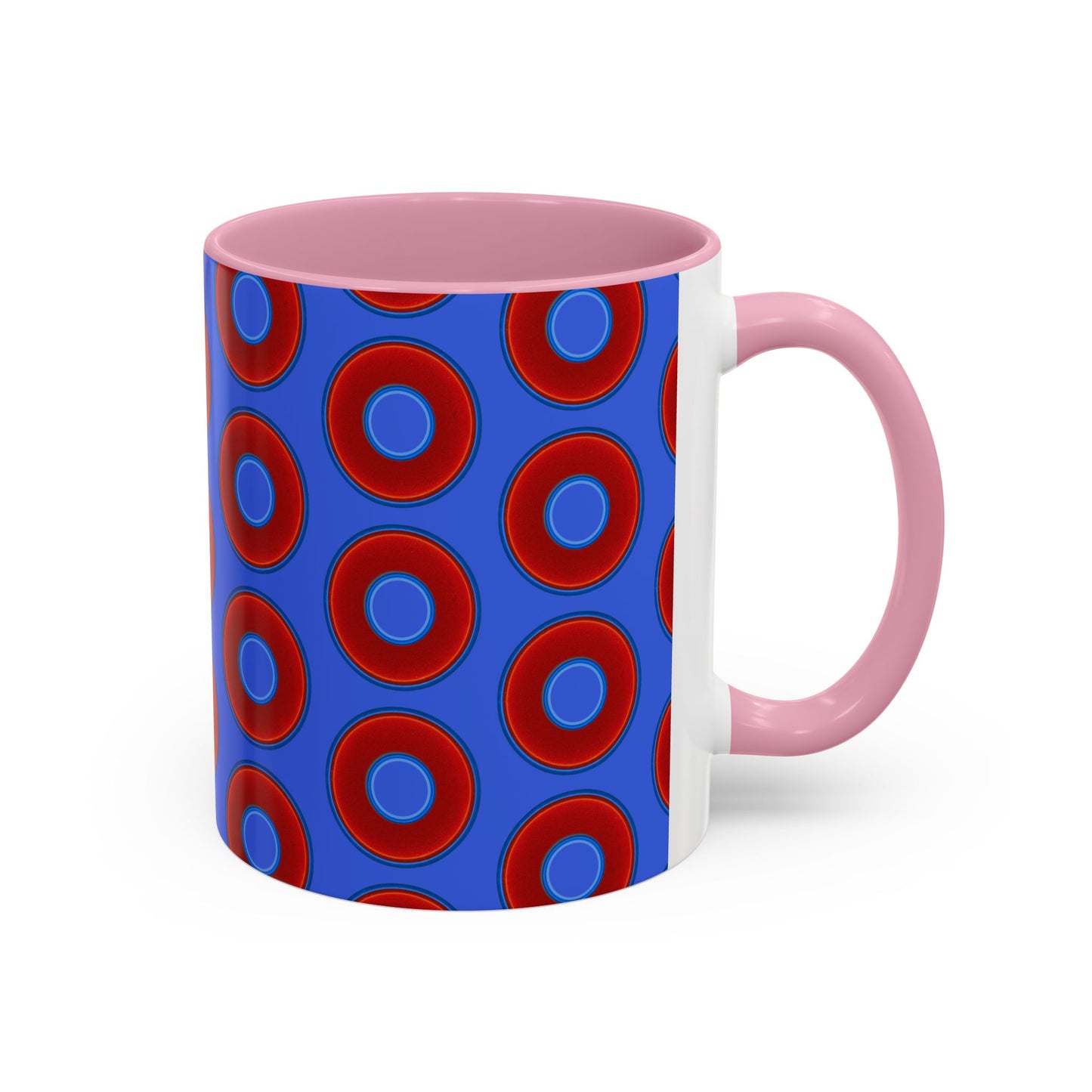 Lump's Grumpy Coffee Mug - vivid red donuts w/royal blue background