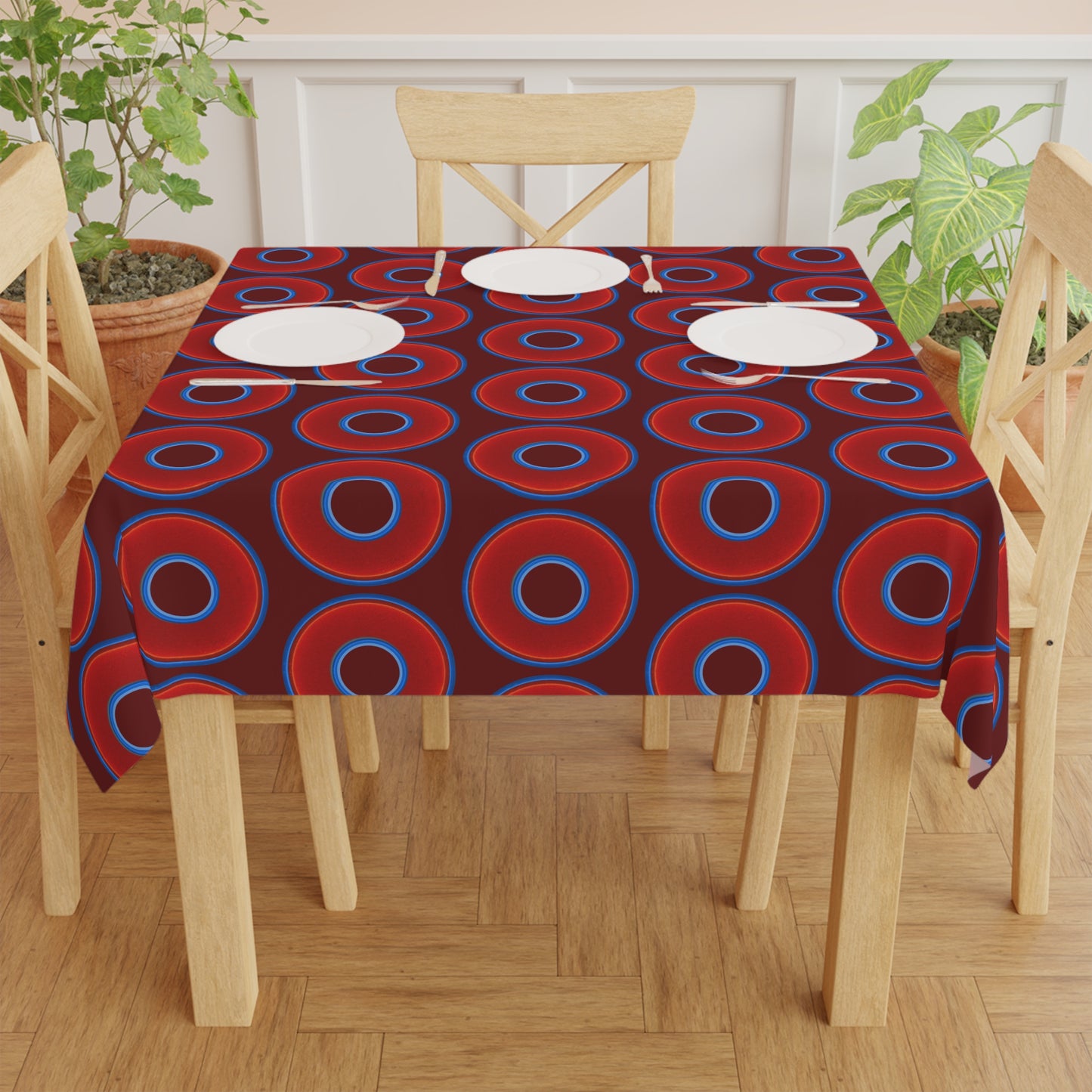 Lumpy Tablecloth - 55.1" x 55.1" - vivid red donuts w/dark red background