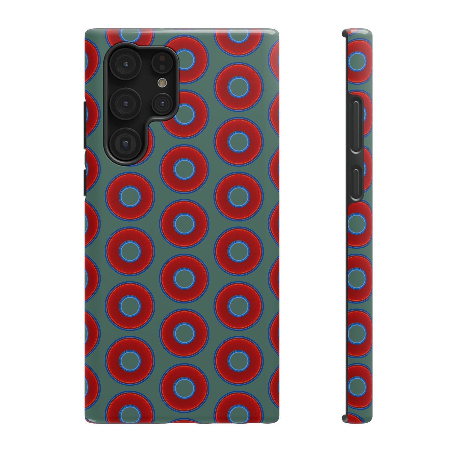 Impact-Resistant Lumpy Donut Case - red vivid donut print w/Fenway green background