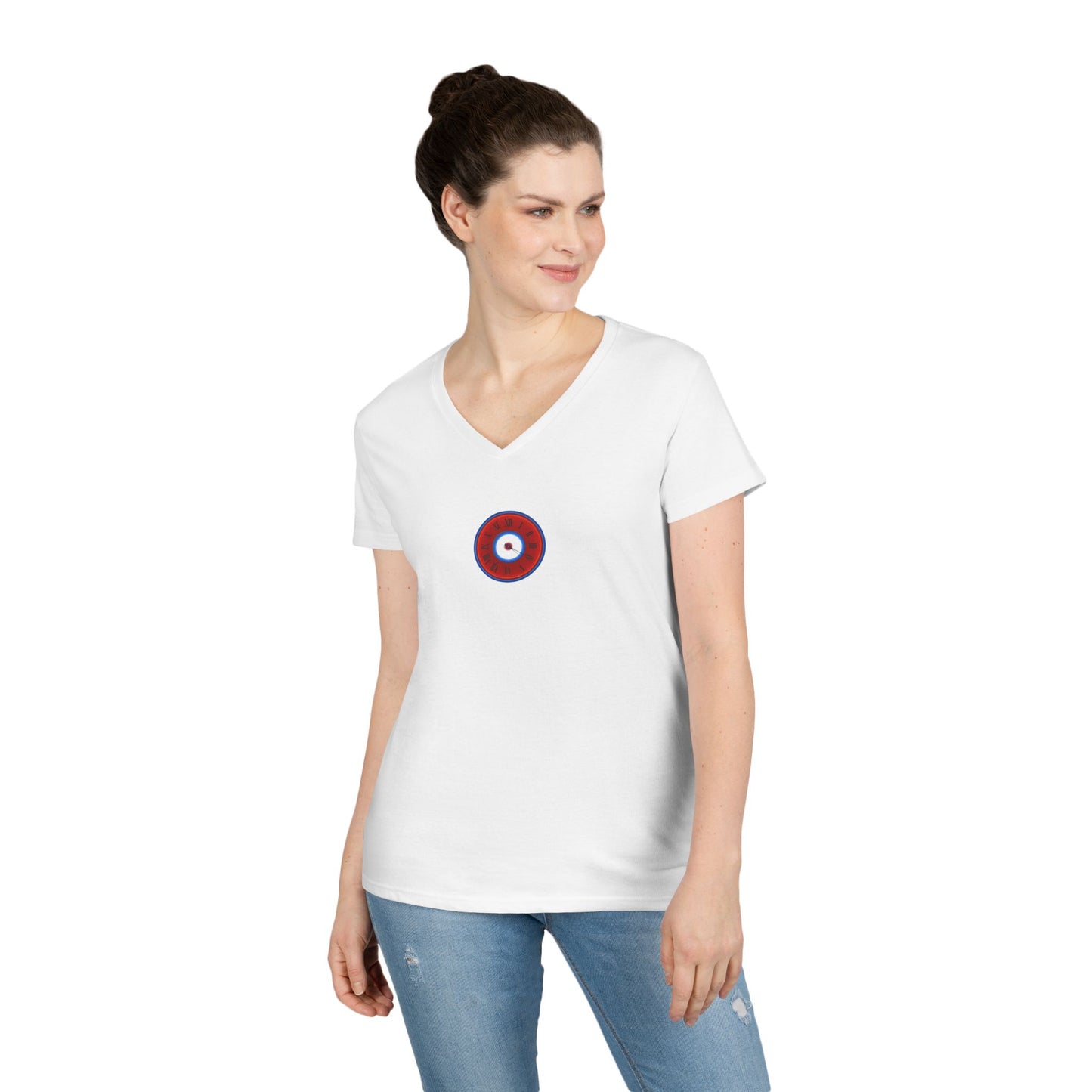 Women's Donut V-Neck Tee - "Time Treasurer's Donut Tee" - vivid red donut w/clock face
