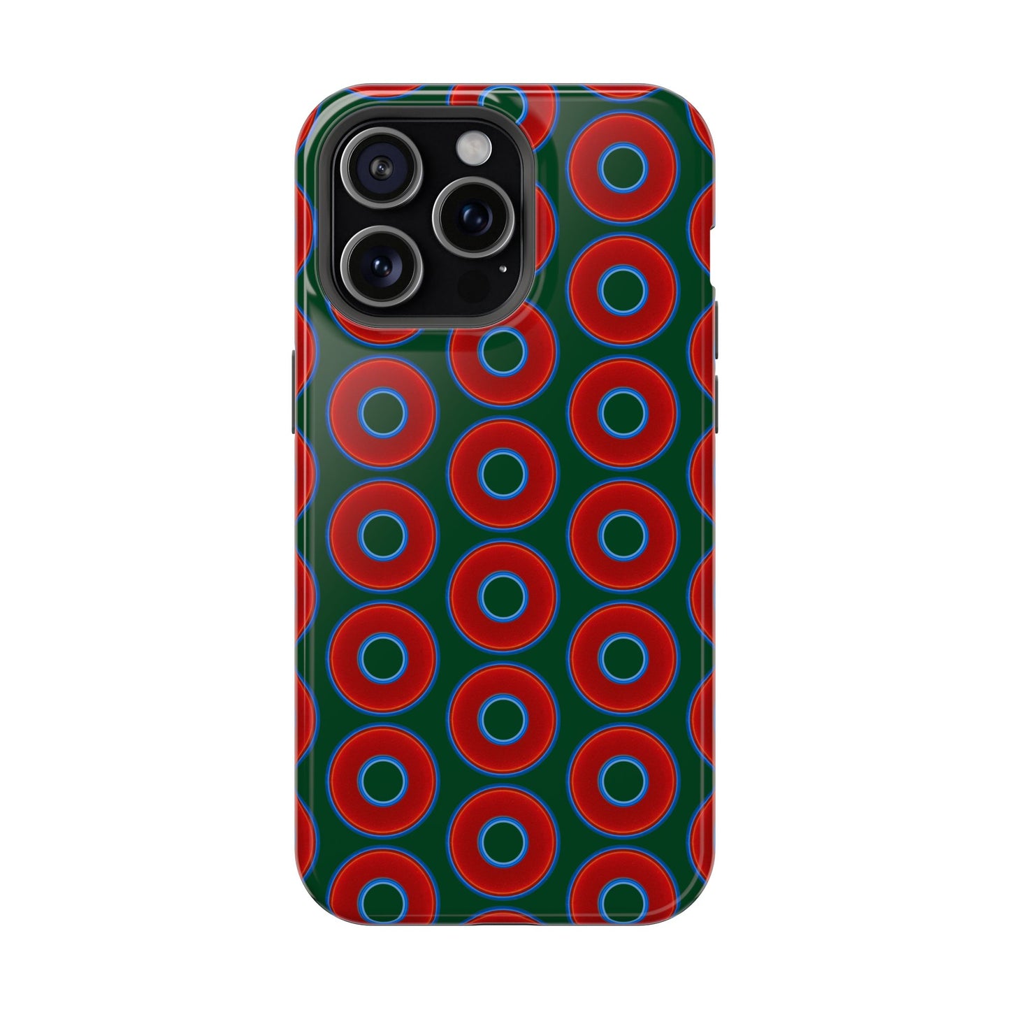 Magnetic Tough Donut Case - red vivid donut print w/deep pond green background