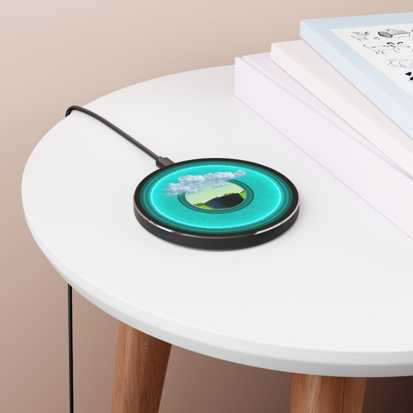 The Flow - Wireless Lumpy Donut Chargers - "Got Rhombus Wireless Charger?" - rustic turquoise/dark teal donut w/midnight moss green background - variant 5
