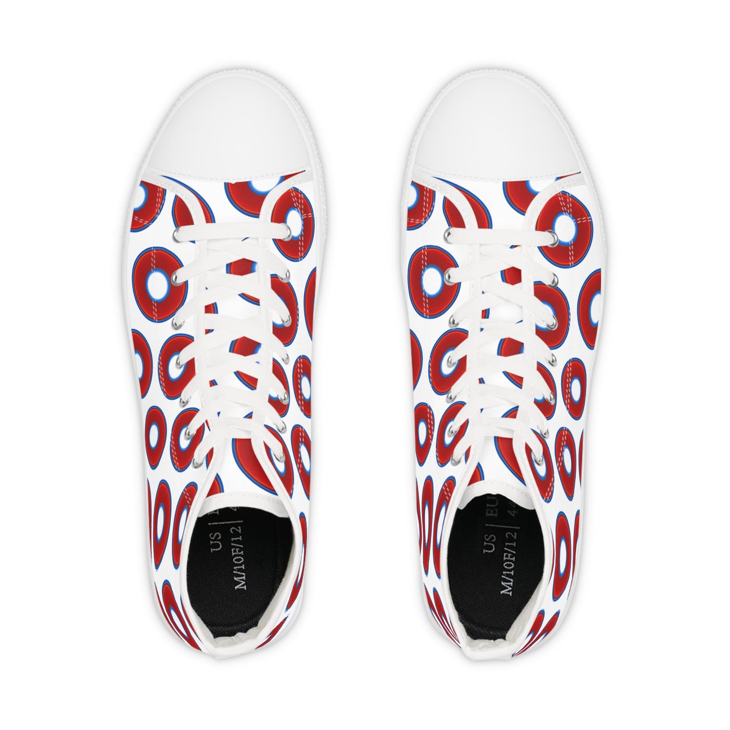 Men's High Top Chucks - large vivid red donut print w/white background