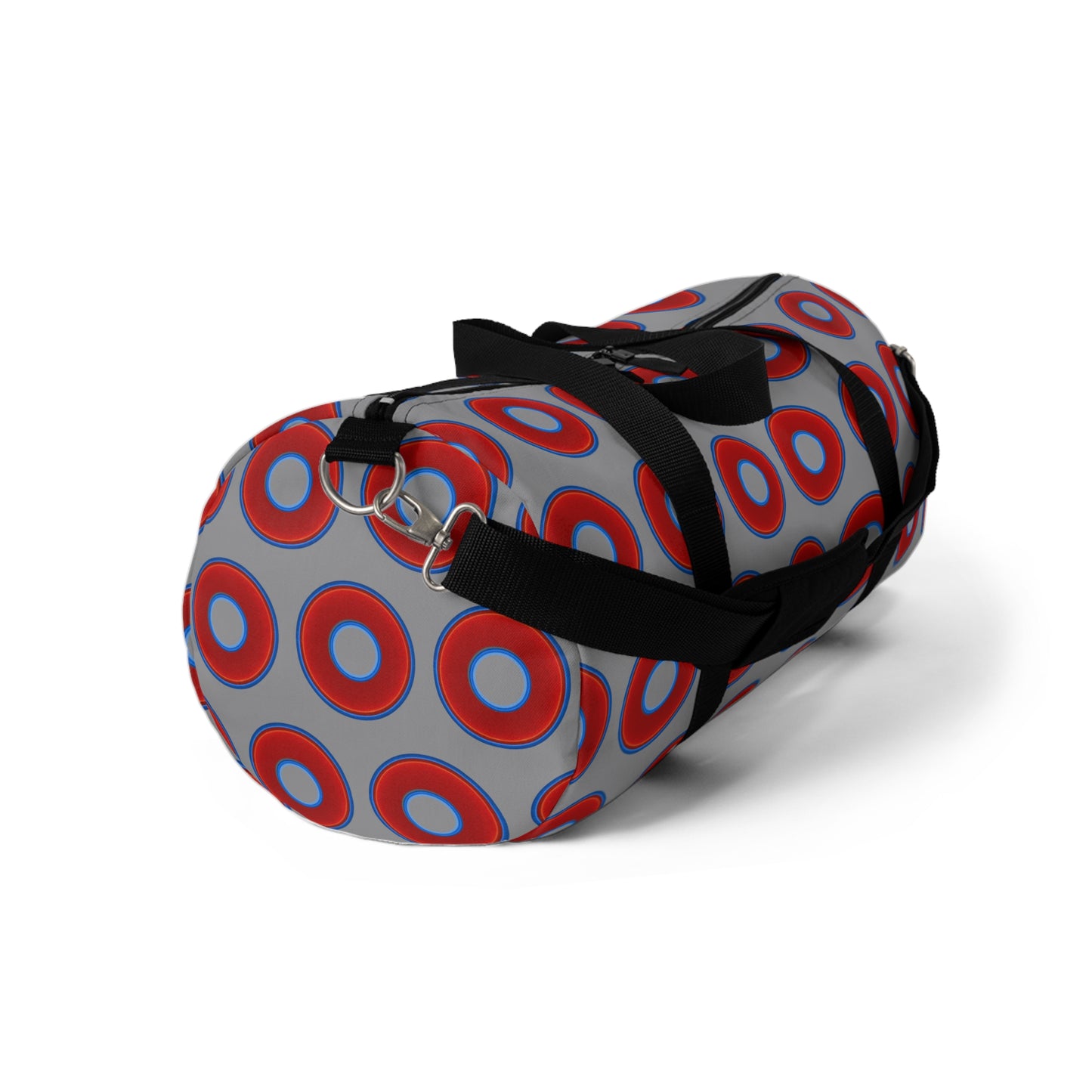 Lumpy Duffel - vivid red donuts w/gray background