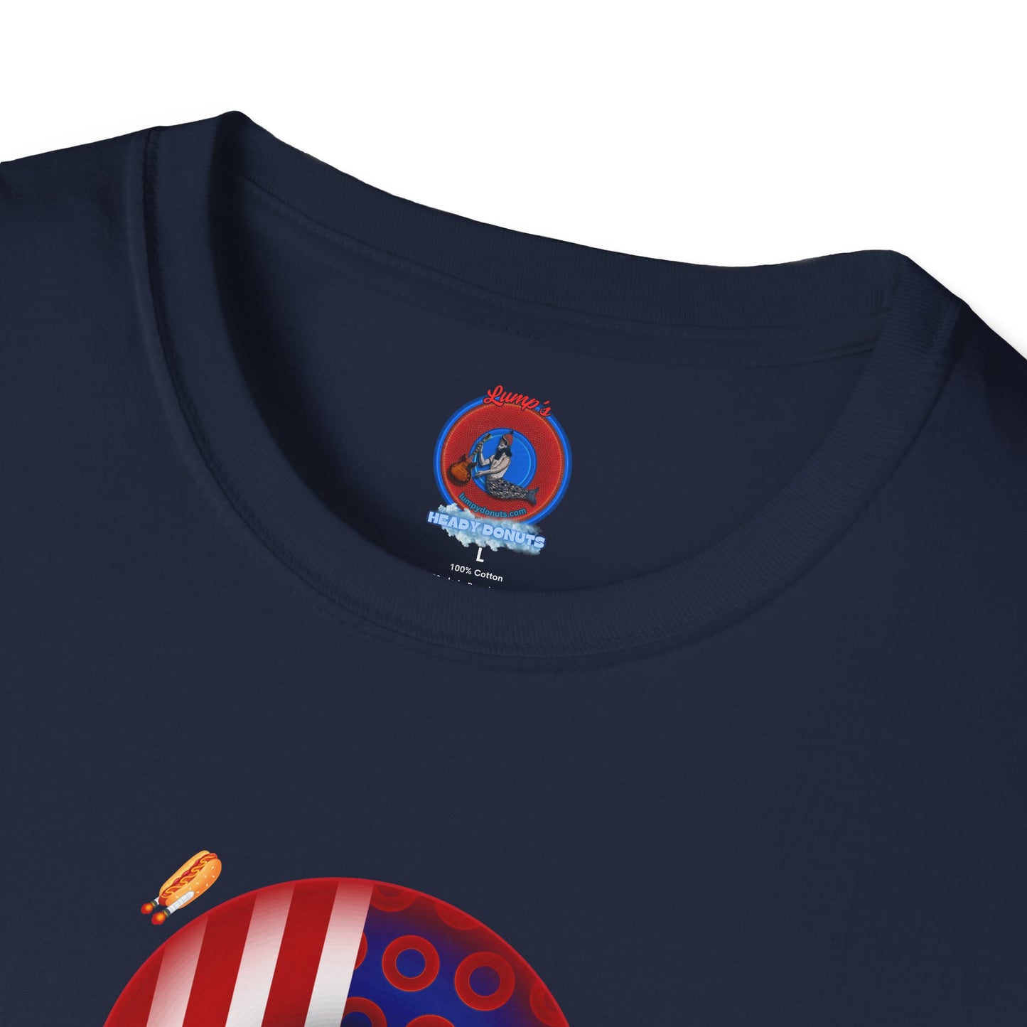 Classic Donut Tee - Unisex Soft-Style - "Uncle Sam's Donuts & Stripes" - vivid flag donut w/raw dogger