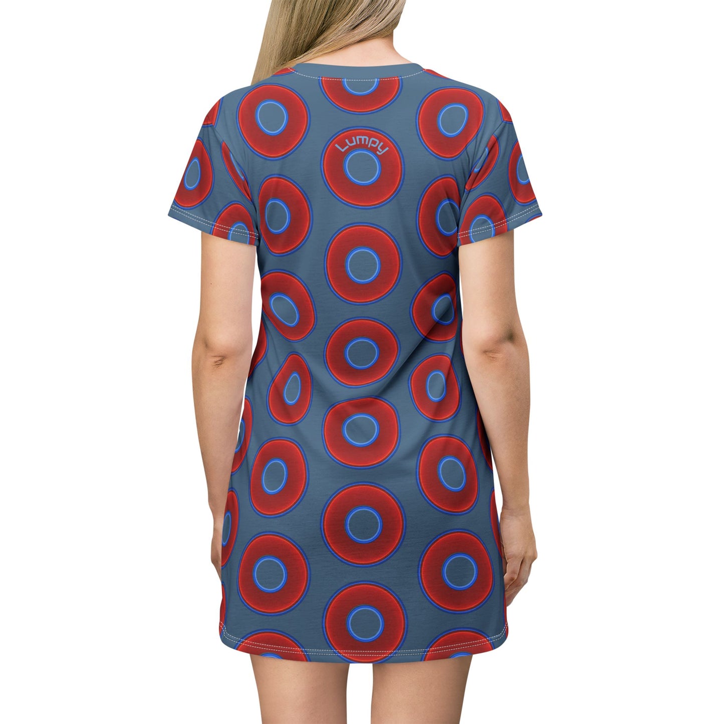 Not a Muumuu AOP Tee Shirt Dress - red vivid donuts w/steel blue background