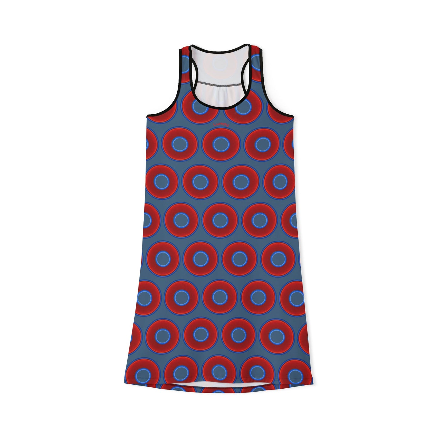 Tela's Lumpy Racerback Donut Dress - red vivid donut print w/steel blue background