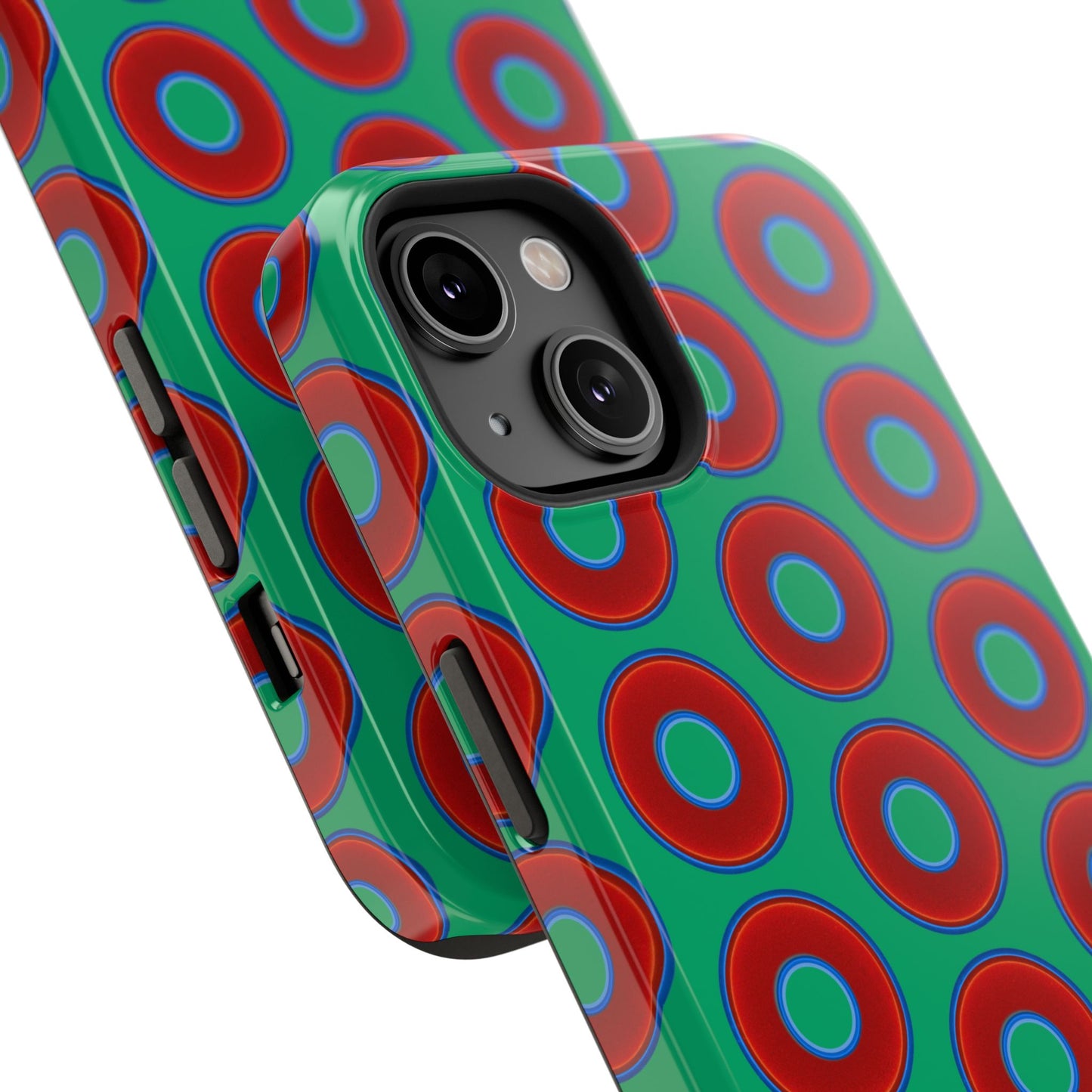 Impact-Resistant Lumpy Donut Case - red vivid donut print w/jade green background