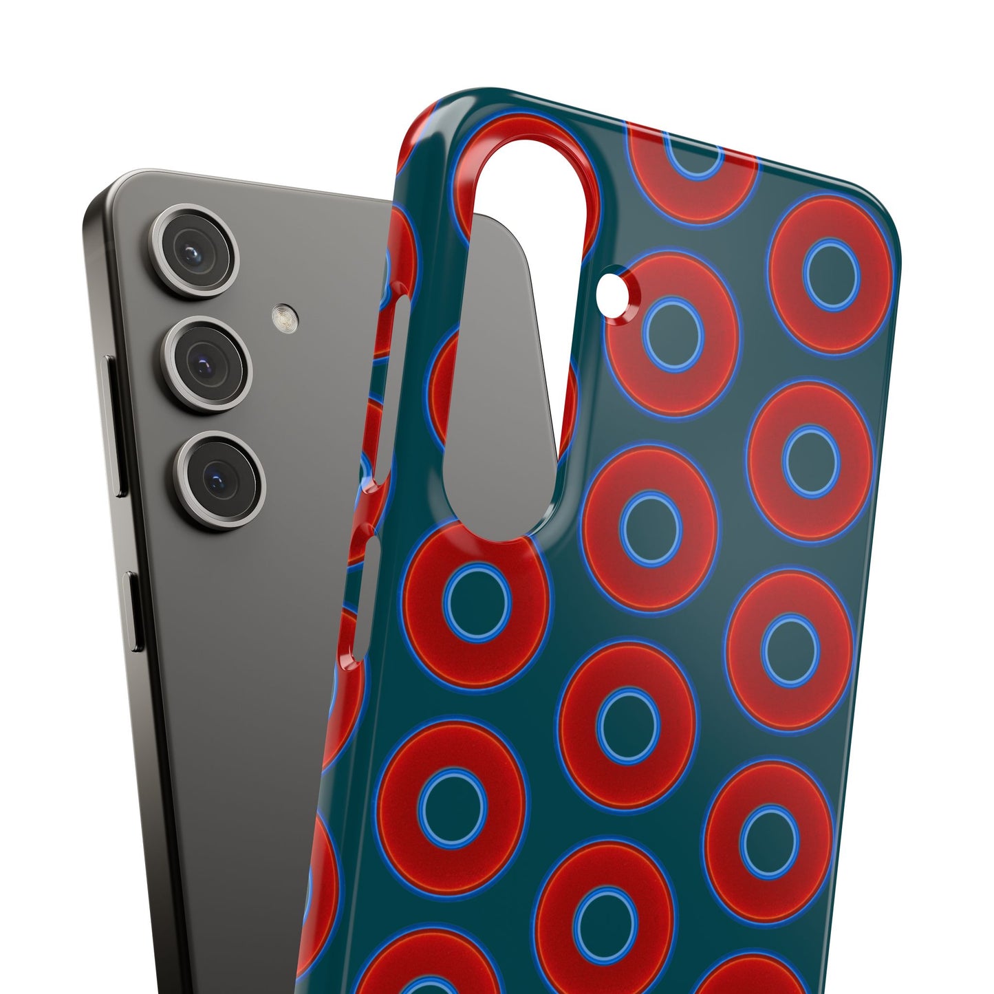 Lumpy Donut Snap Case - red vivid donut print w/midnight teal green background
