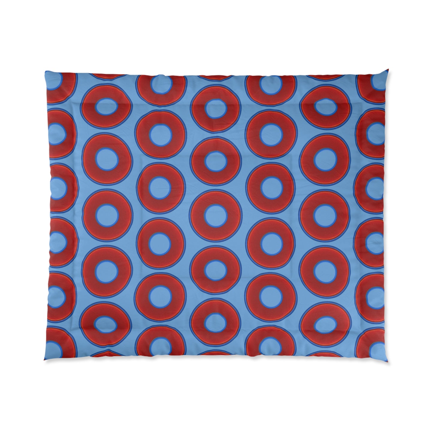 The Very Lumpy Comforter - vivid red donuts w/light blue background