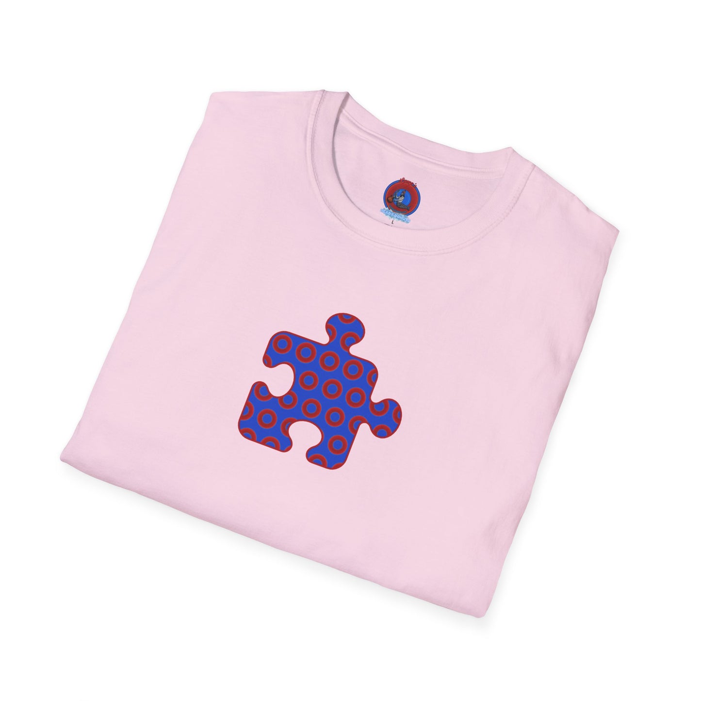 Classic Donut Tee - Unisex Soft-Style - "Trey's Completed Donut Pattern" - vivid red/blue puzzle pattern - variant 2
