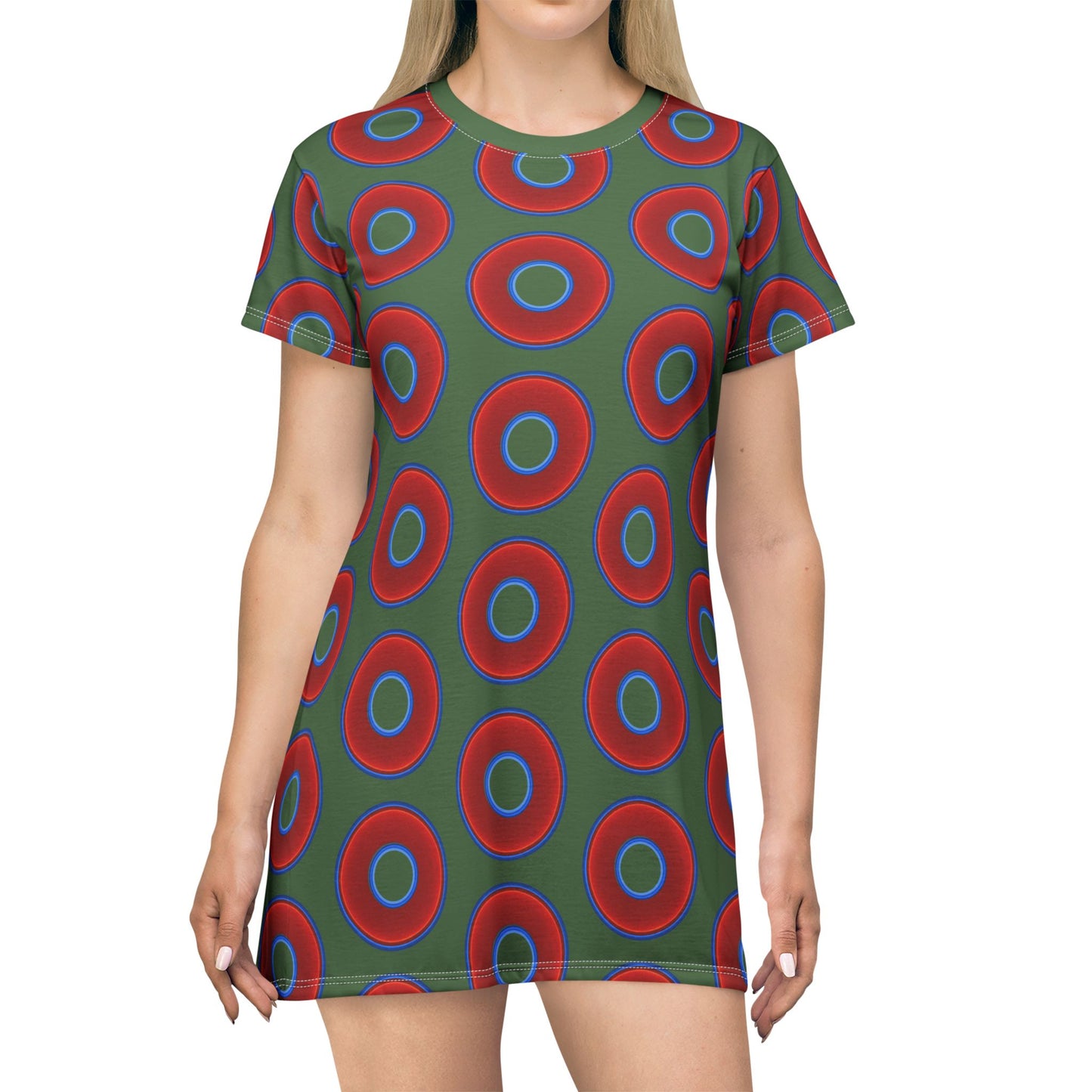 Not a Muumuu AOP Tee Shirt Dress - red vivid donuts w/dark Fenway green background