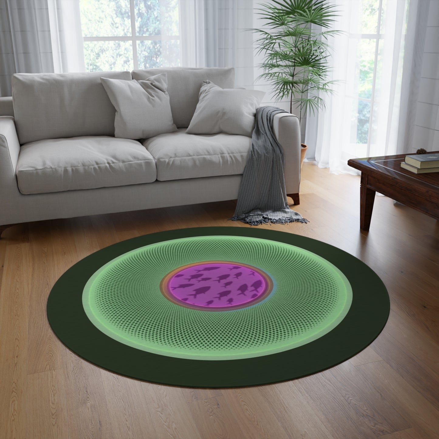 Round Room - 5 ft x 5 ft Lumpy Donut Rug - "Swimming by this Rug" - light green/magenta phatty donut w/black background - variant 3