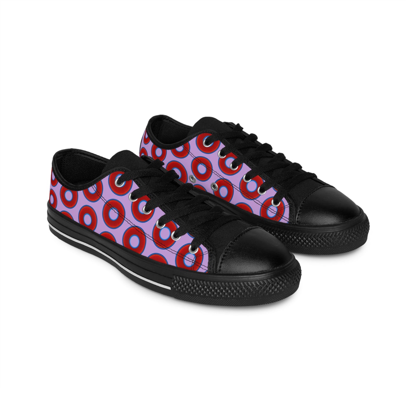 Men's Cushiony Convectors - Low Top - large red vivid donut print w/wisteria purple background