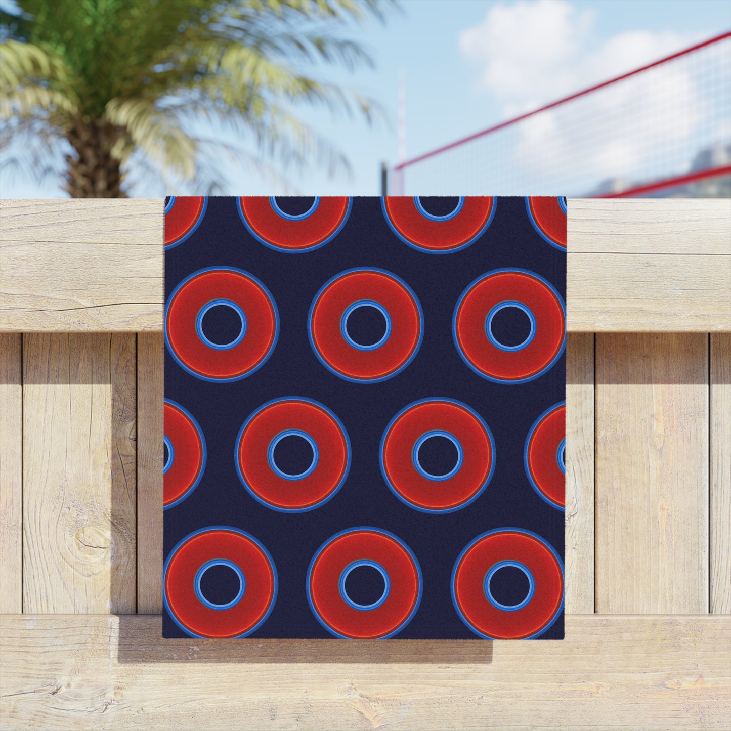 Lumpy Donut Towels - vivid red donuts w/midnight blue background