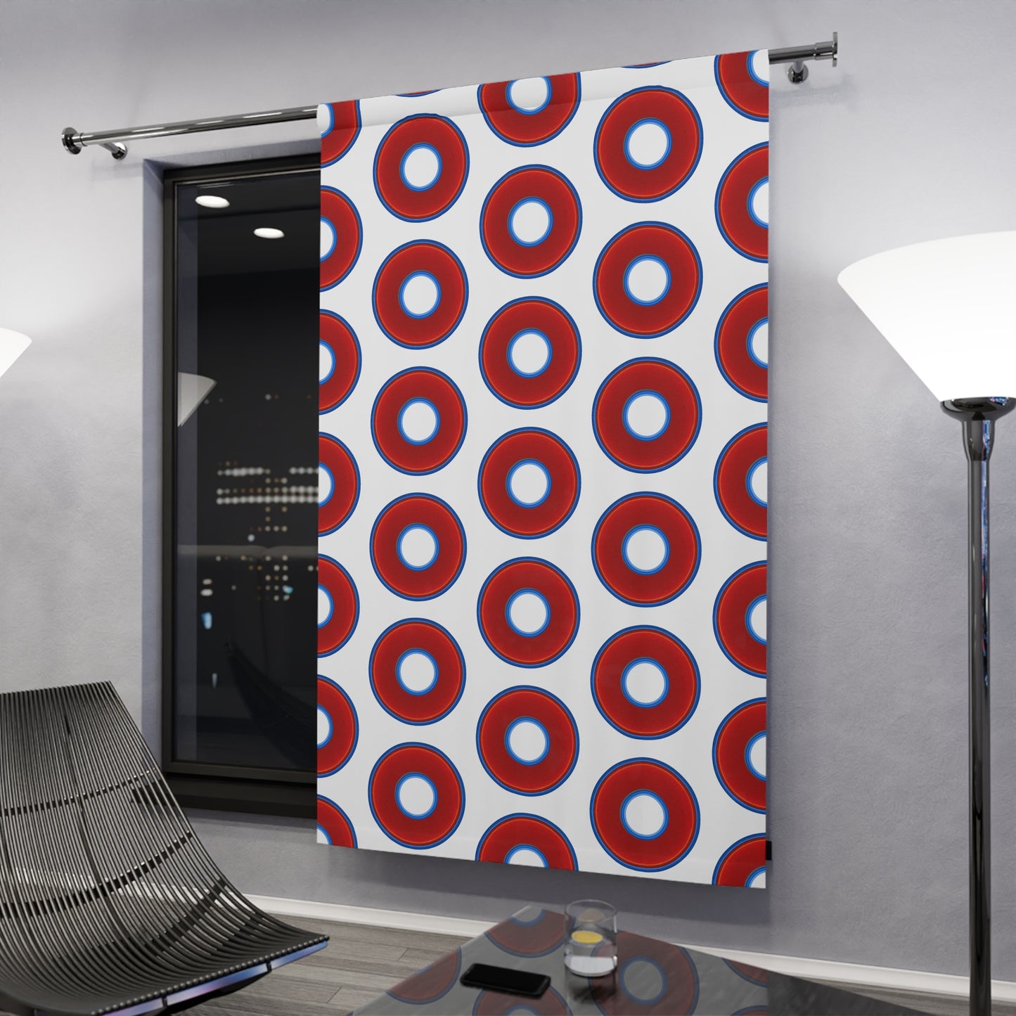 Lump's Heady Curtain w/Donuts - vivid red donut print - w/white background - [*1 Piece / 50" x 84"]