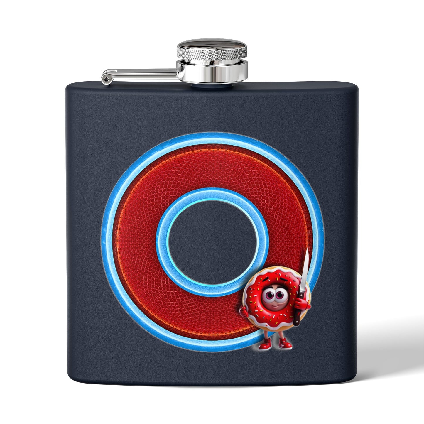 Lump's Donut Flask 6 oz -  "My Phriend, My Phriend the Donut's Flask" - red/light blue rustic donut - [*w/your choice of 6 backgrounds]