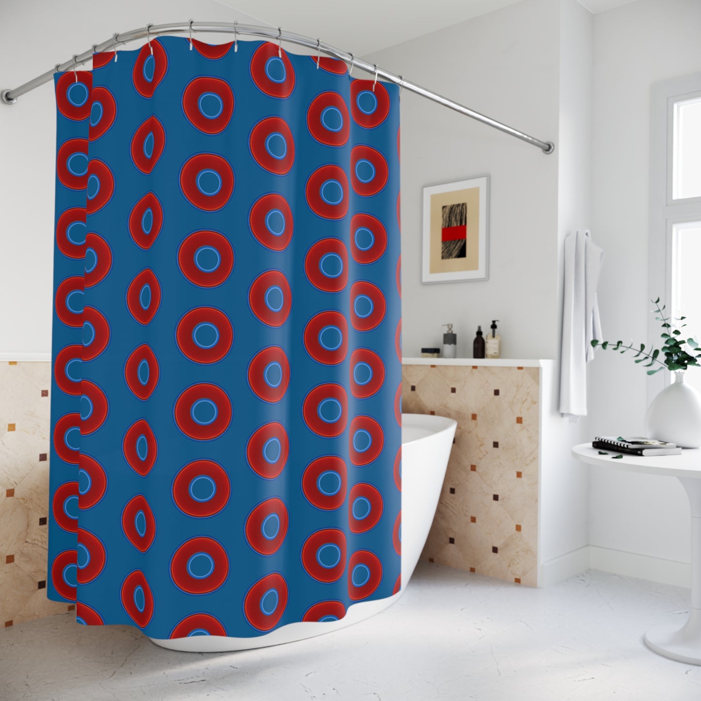The Curtain With "Donuts" - Lumpy Bath Time Fun - vivid red donuts w/wavy navy background