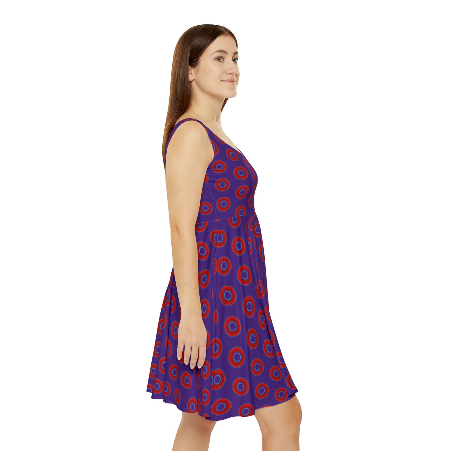 Women's Skater Donut Dress - vivid red donut print w/purple background