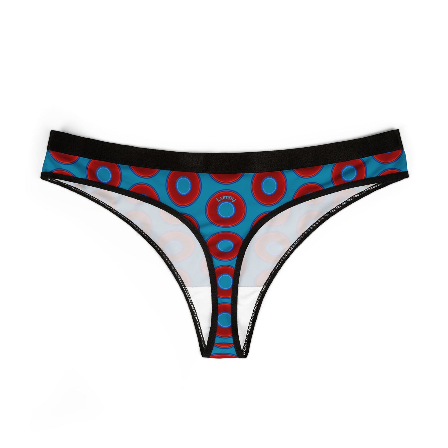 Lumpy Donut Thongs - red vivid donut print w/aquamarine blue background