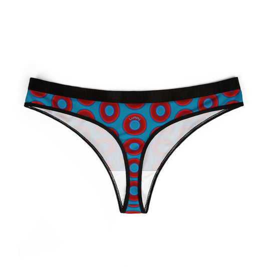 Lumpy Donut Thongs - red vivid donut print w/aquamarine blue background