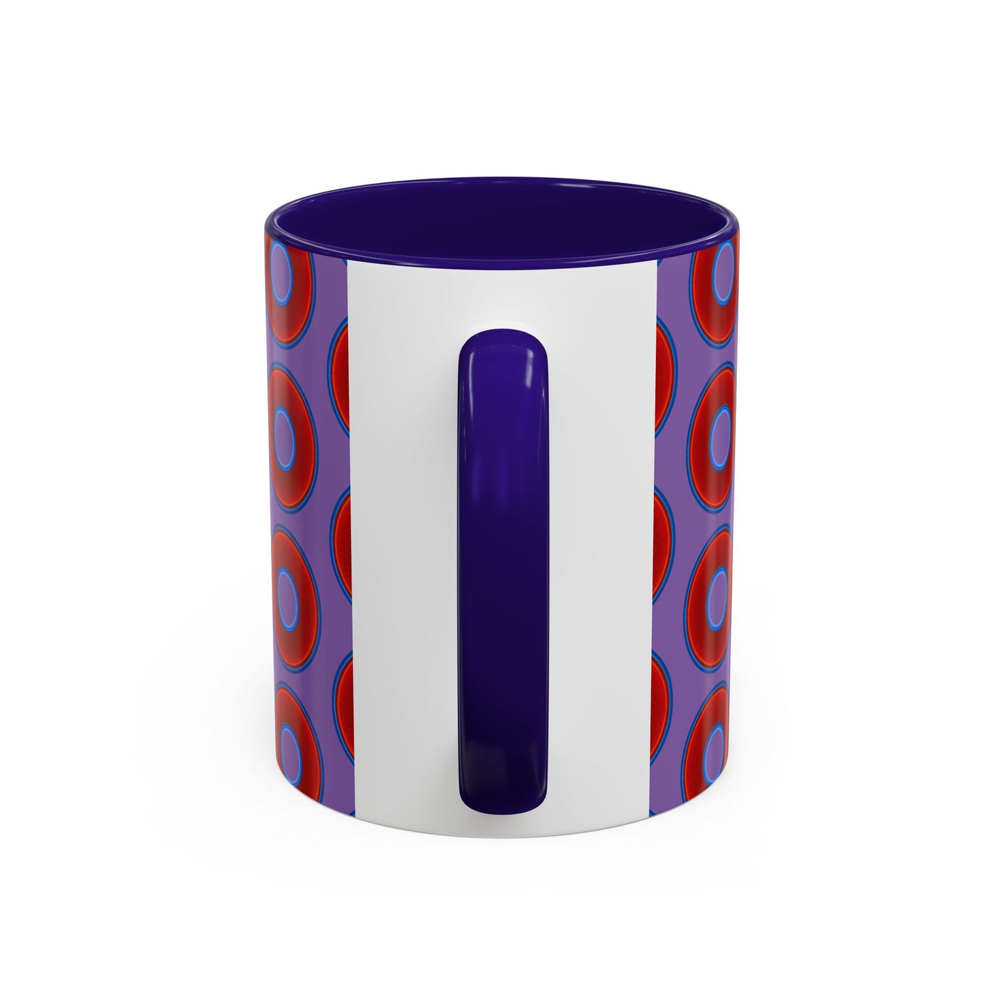 Lump's Grumpy Coffee Mug - vivid red donuts w/light purple background