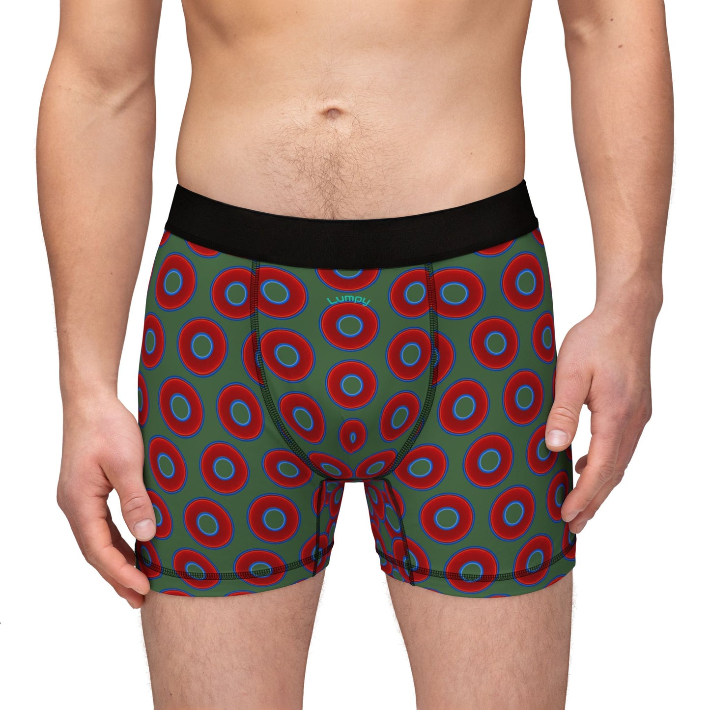 Men's Donut Boxers - red vivid donuts w/dark green background