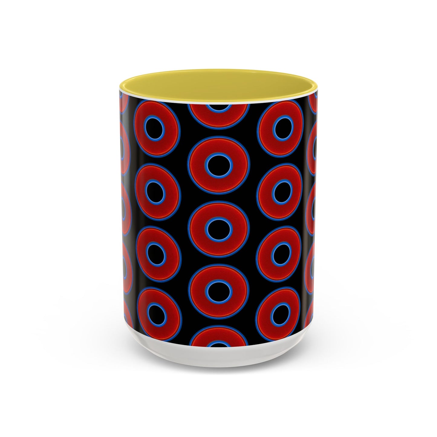 Lump's Grumpy Coffee Mug - vivid red donuts w/black background