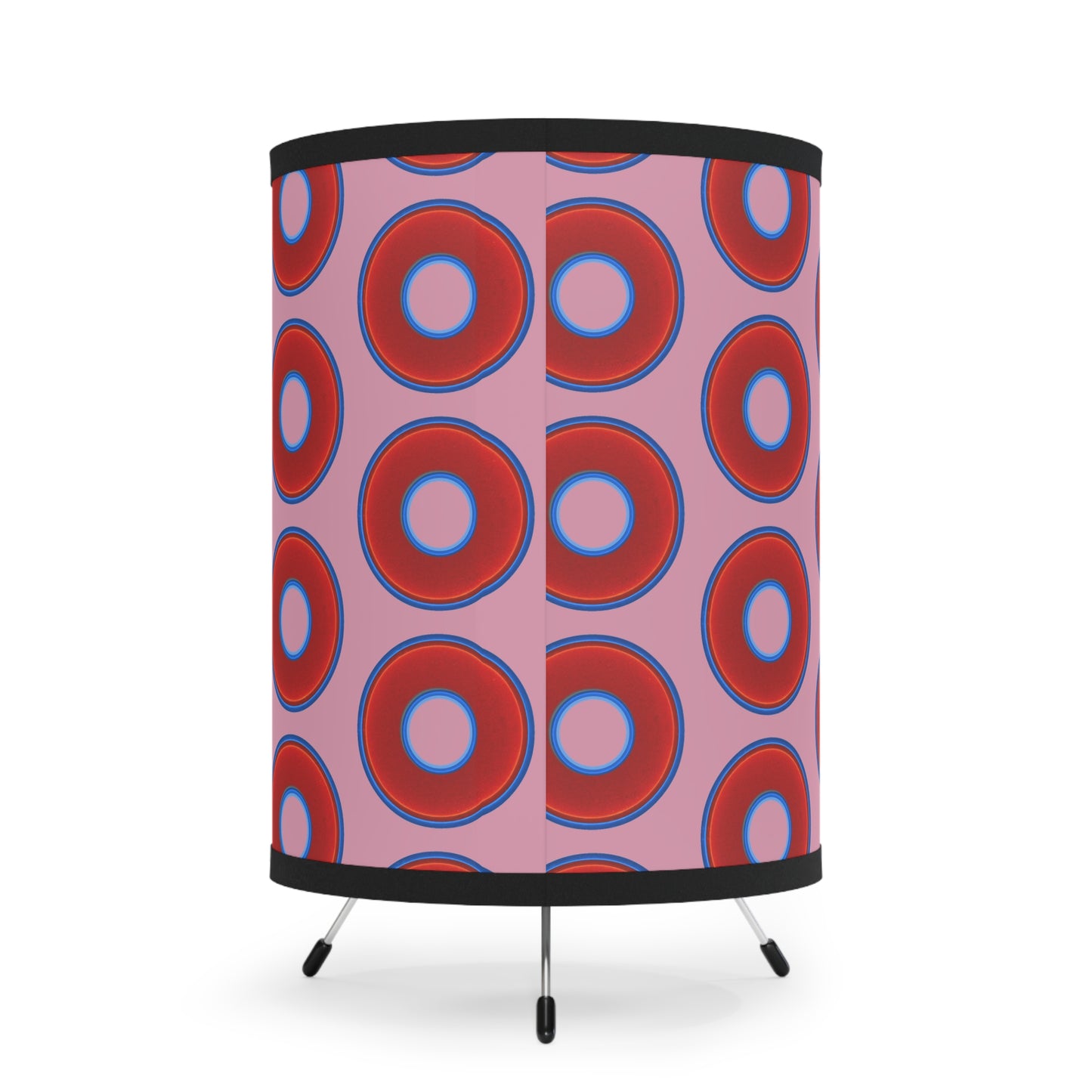 Lumpy Tripod Donut Lamp - vivid red donuts w/pale magenta background