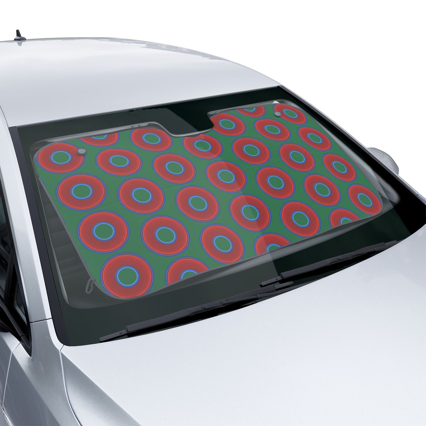 Automotive Donut Sun Shade - red vivid donuts w/green background
