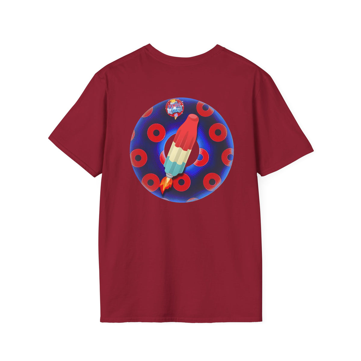 Classic Donut Tee - Unisex Soft-Style - "Blow this Popsicle Stand" - blue/red paradox bomb pop donut - variant 2