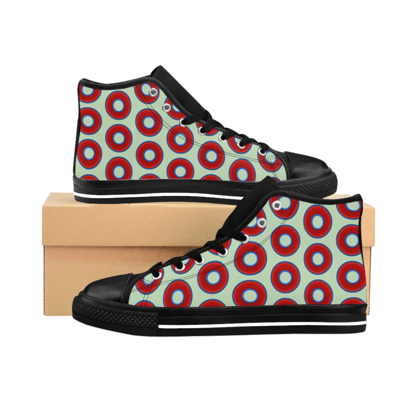 Cushiony Convectors - High Tops - red vivid donuts w/seafoam background
