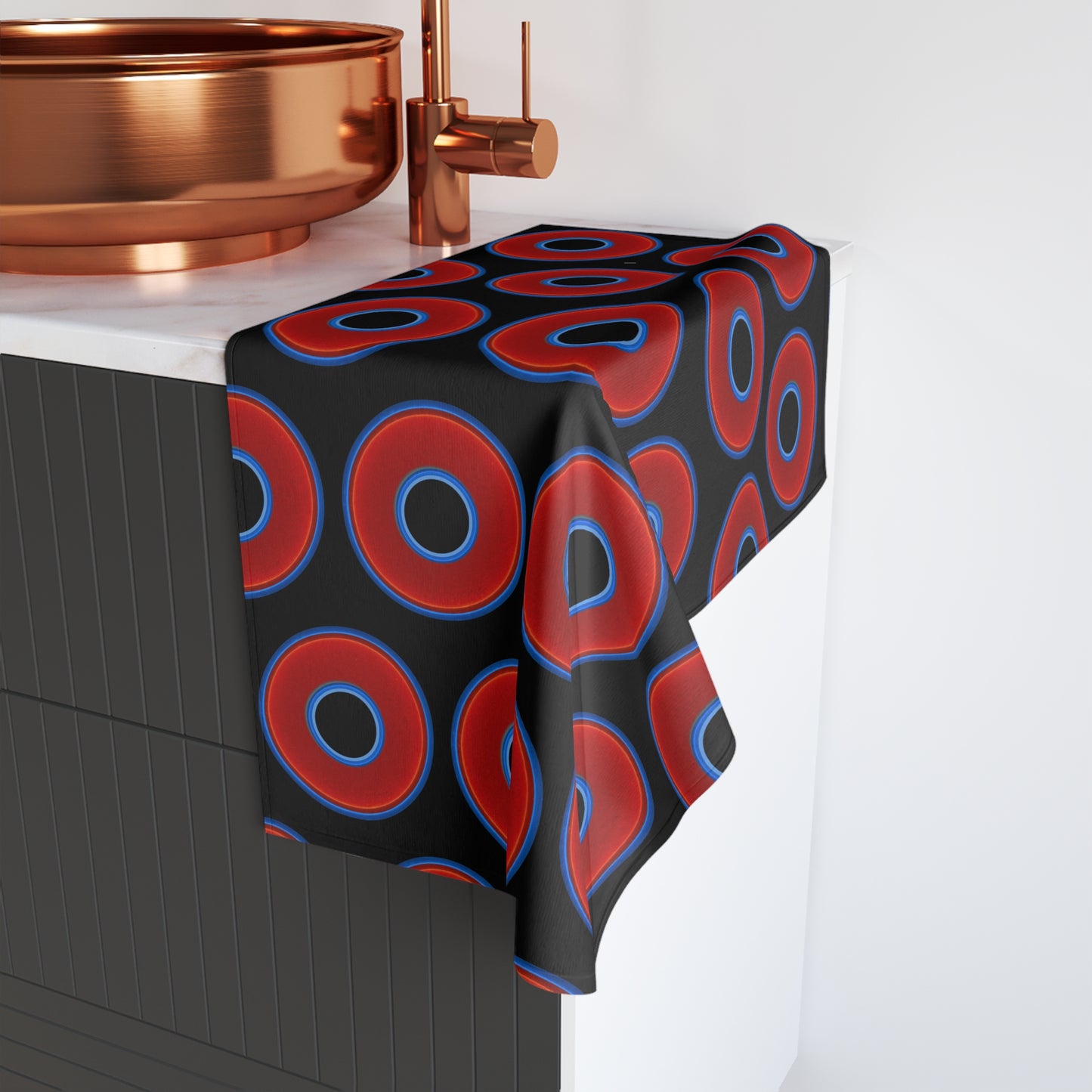 Lumpy Kitchen/Hand Towels - vivid red donuts w/black background