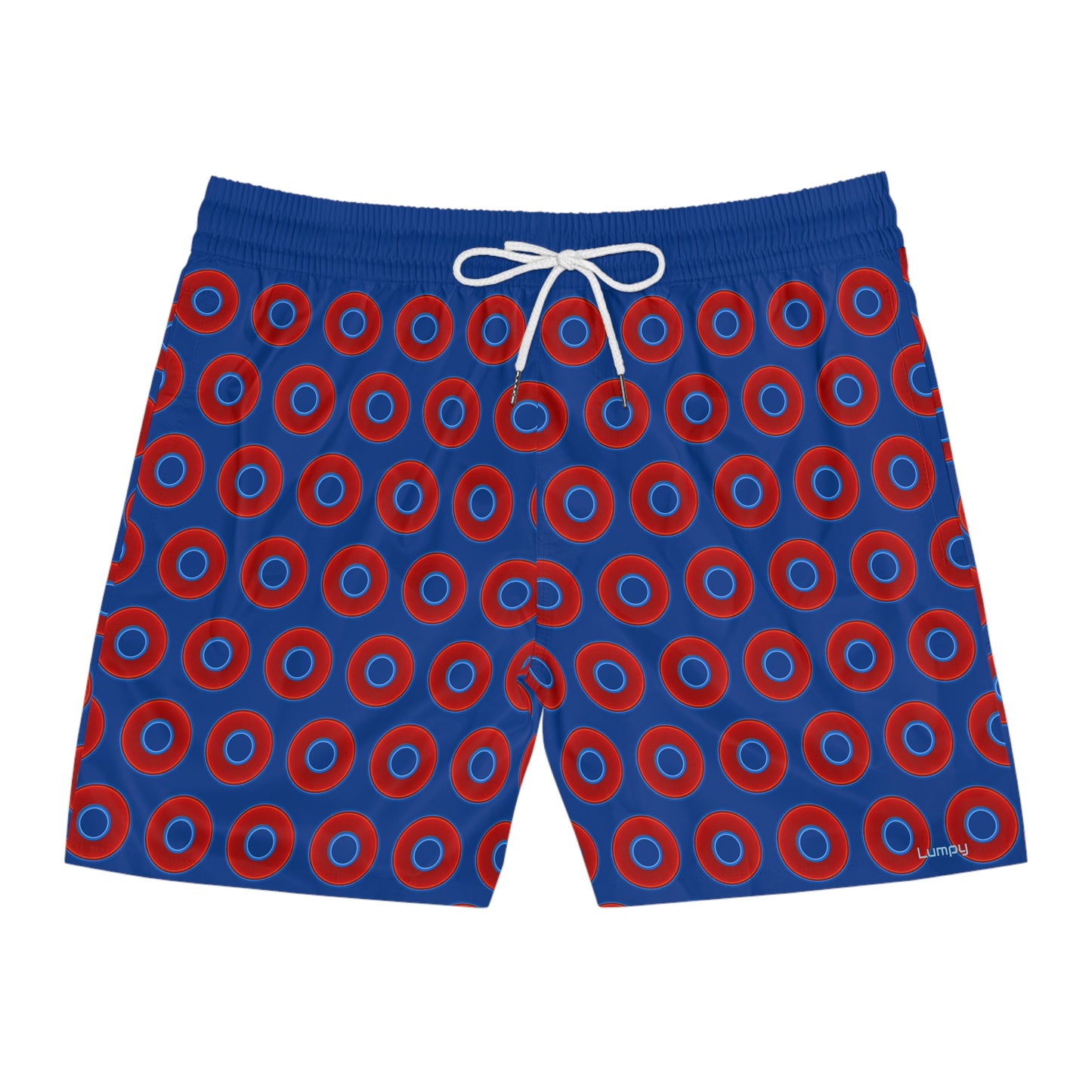 Men's Lumpy Swim Trunks - vivid red donut print w/dark blue background