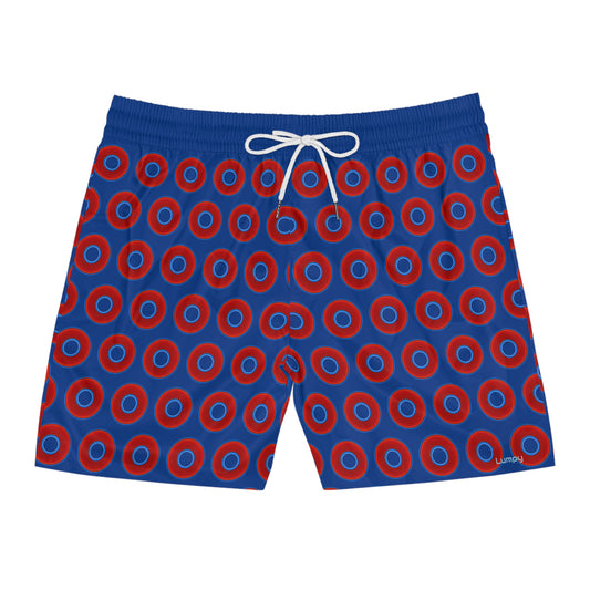 Men's Lumpy Swim Trunks - vivid red donut print w/dark blue background
