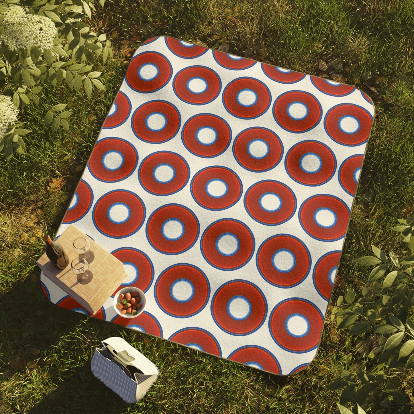 The Lumpy Party Blanket - giant water-resistant outdoor blanket [61" x 51"] - vivid red donuts w/white background