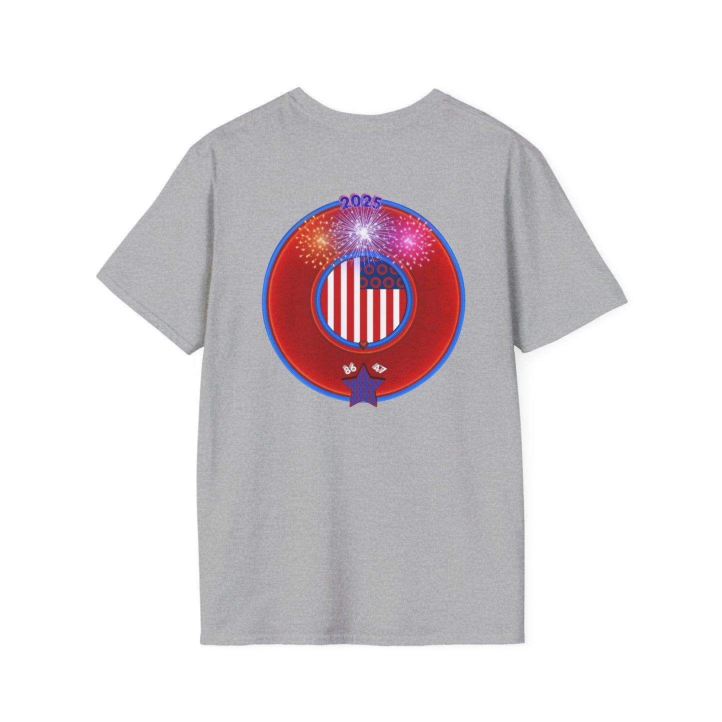 Classic Donut Tee - Unisex Soft-Style - "One Indivisible Donut" - vivid red phreedom donut - w/fireworks - variant 3