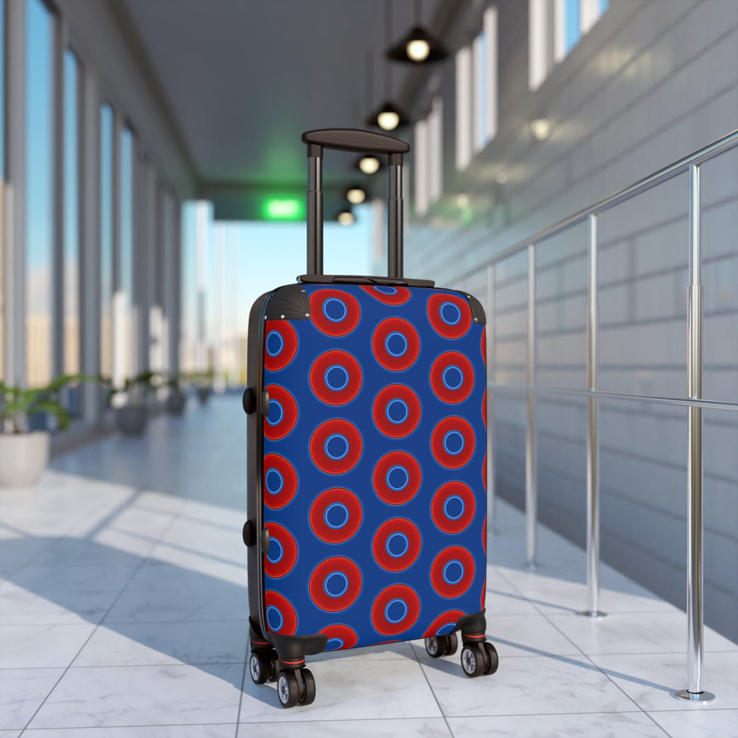 Very Lumpy Donut Suitcase series - your choice of S, M or L - vivid red donut print w/dark blue background