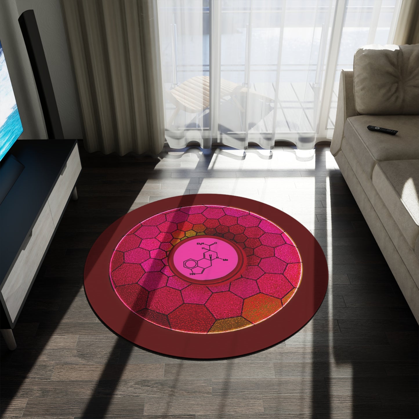 Round Room - 5 ft x 5 ft Lumpy Donut Rug - "Dr. Albert Hofmann's Donut" - magenta hexadonut w/dark red background - variant 1