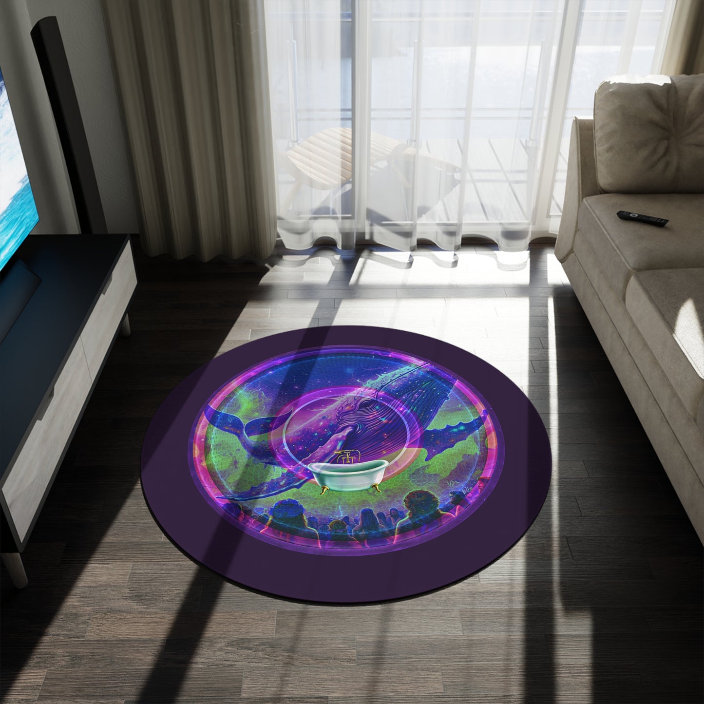 Round Room - 5 ft x 5 ft Lumpy Donut Rug - "Whale of a Big Donut Rug" - vivid purple/green pic donut w/midnight purple background - variant 2