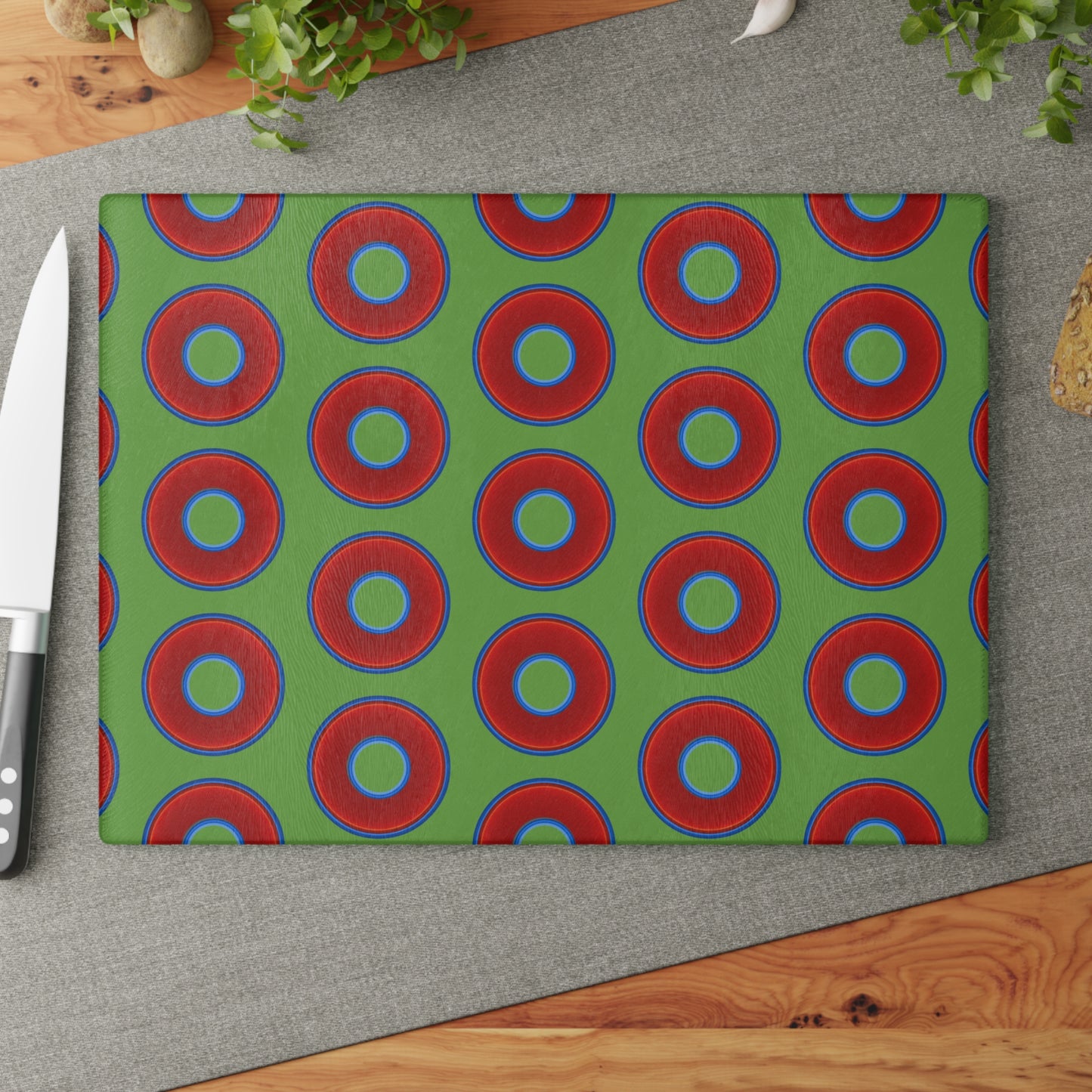 My Friend's Cutting Board - vivid red donuts w/light green background