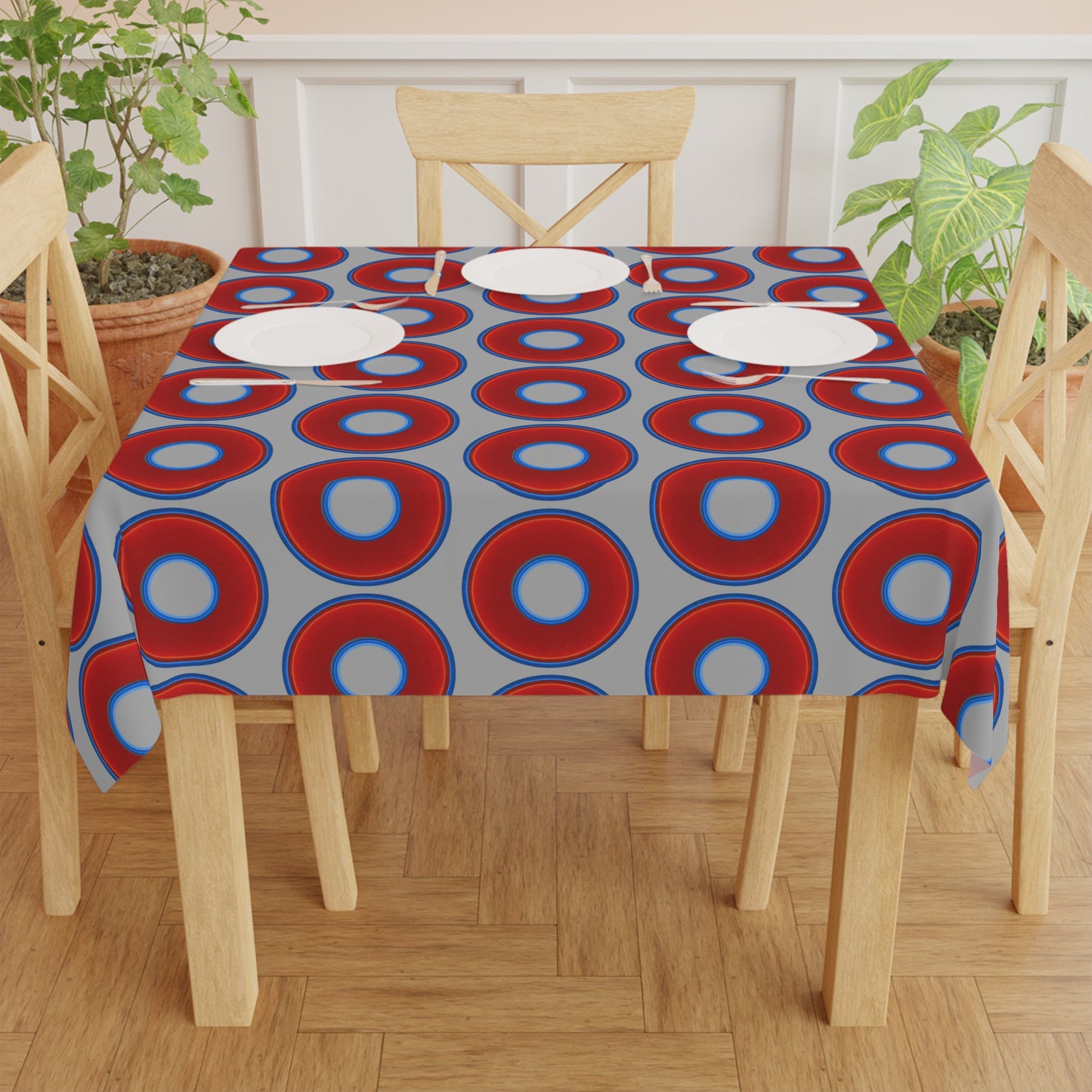 Lumpy Tablecloth - 55.1" x 55.1" - vivid red donuts w/light gray background