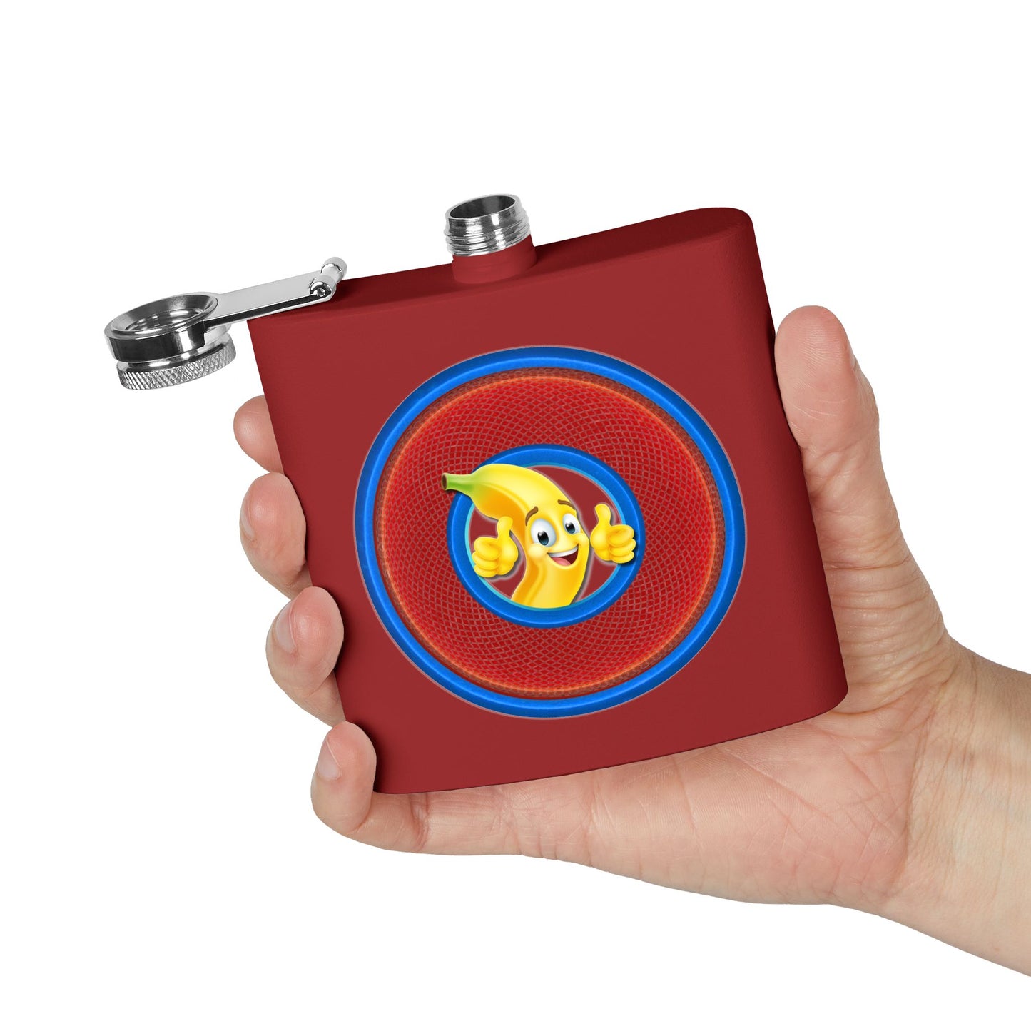 Lump's Donut Flask 6 oz -  "This Flask is Bananas" - red/blue rustic donut - [*w/your choice of 6 backgrounds]