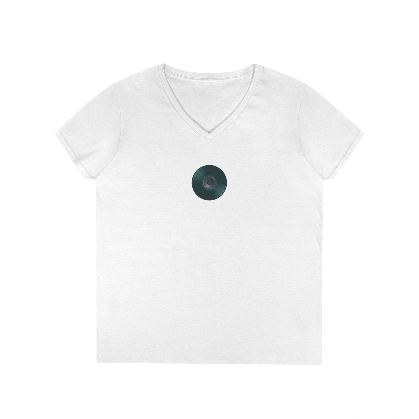 Women's Donut V-Neck Tee - "Speaker Donut" - vivid teal record donut w/